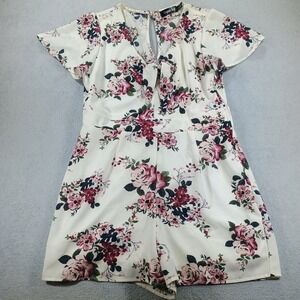Crystal Sky Womens Floral Tie Front Romper White Size 9 Short Sleeve Jumpsuit